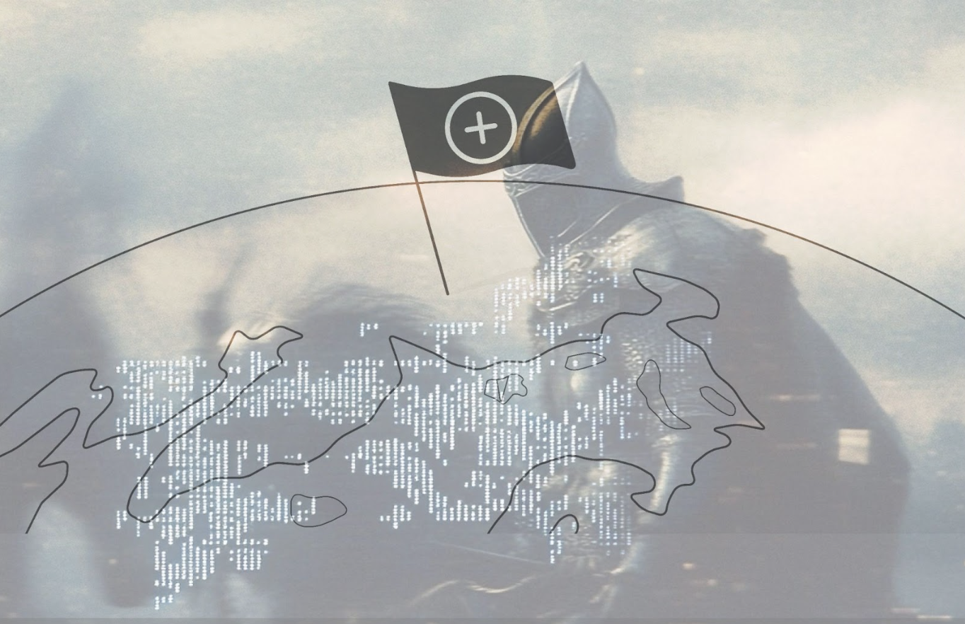 Ominous Shadowy Knight over Global Map with Digital Symbols Overlay